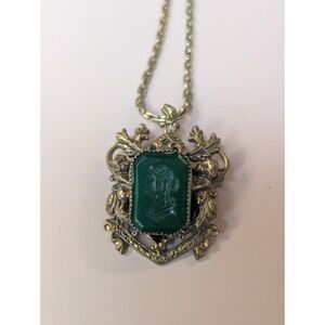 Art Nouveau Brass Coat Blazon Pendant High Relief Green Intaglio Cameo‎ Filigree